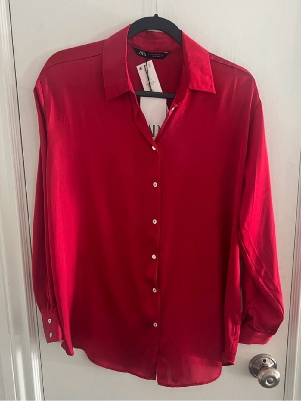 NWT Zara Red Satin Button-Down Shirt